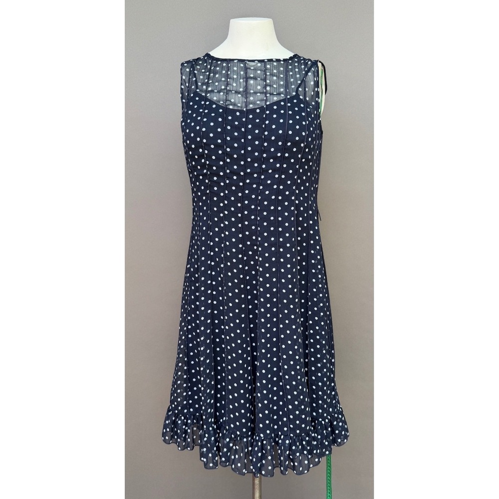 Max Studio Dress Navy 10P Polka Dot Pleated Ruffle Hem Sleeveless Chiffon Retro